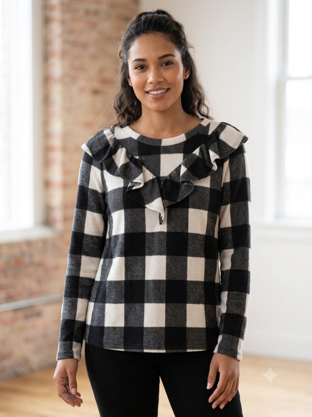 Perfect Peach Black & White Buffalo Check Ruffle Top Size Medium